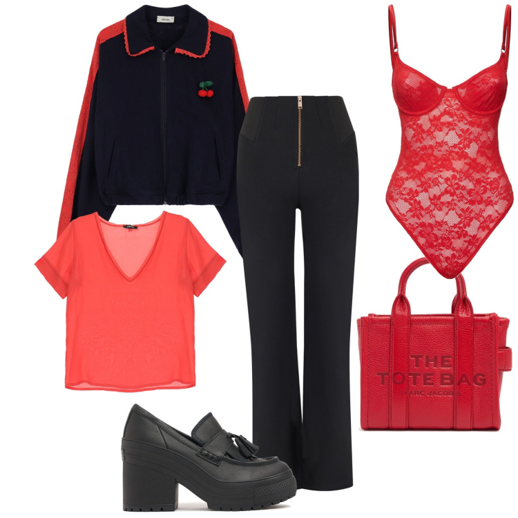 Outfit donna - Total look. Stile Sporty chic per Tutti i giorni. Abbinamento con pantaloni, t-shirt, bomber, borse a tracolla, body, mocassini.