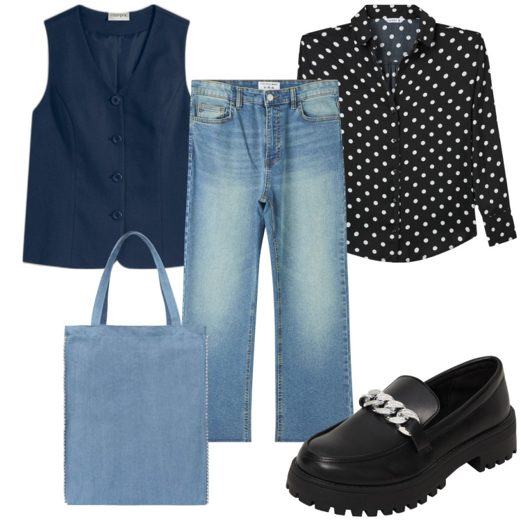 Outfit donna - Total look #2094903. Stile Trendy per Tutti i giorni. Abbinamento con gilet, camicie, mocassini, borse tote, jeans.