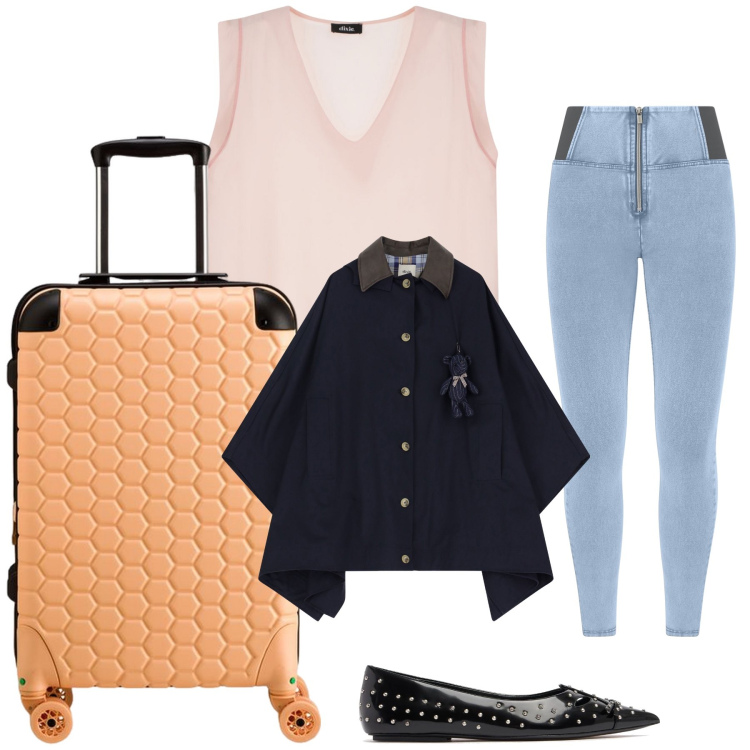 Outfit donna - Semplicemente in viaggio. Stile Trendy per Tutti i giorni. Abbinamento con jeggings, trench, top, ballerine, valigie.