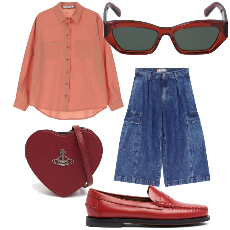 Outfit donna - La borsa a cuore I love. Stile Trendy per Tutti i giorni. Abbinamento con bermuda, camicie, borse a spalla, occhiali da sole, mocassini.