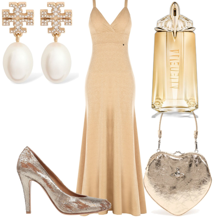 Outfit donna - Gold. Stile Glamour per Serata fuori. Abbinamento con décolleté, profumi, vestiti lunghi, orecchini, pochette.