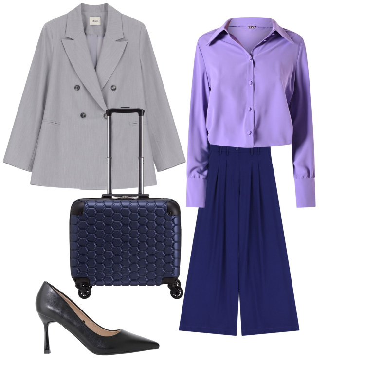 Outfit donna - Alla stazione. Stile Chic per Tutti i giorni. Abbinamento con camicie, pantaloni, décolleté, blazer, valigie.