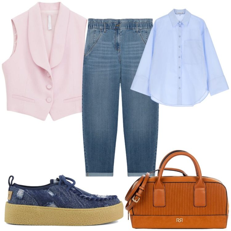 Outfit donna - Total look #2094916. Stile Trendy per Tutti i giorni. Abbinamento con borse a mano, camicie, gilet, mocassini, jeans.