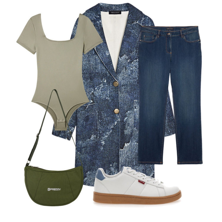Outfit donna - Total look #2094920. Stile Casual per Ufficio. Abbinamento con body, borse a spalla, sneakers, jeans dritti, cappotti.