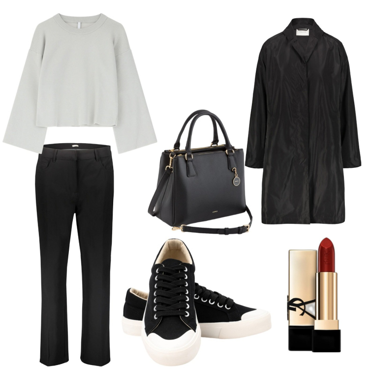 Outfit donna - Total look #2094924. Stile Casual chic per Tutti i giorni. Abbinamento con rossetti, maglieria, pantaloni, sneakers, trench, borse a mano.