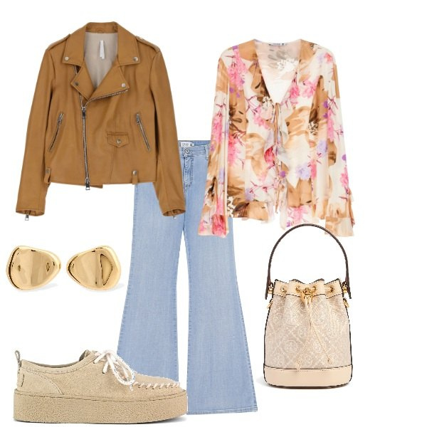 Outfit donna - Aspettando la primavera. Stile Trendy per Tutti i giorni. Abbinamento con jeans a zampa, camicie, giacche, mocassini, borse a mano, orecchini.