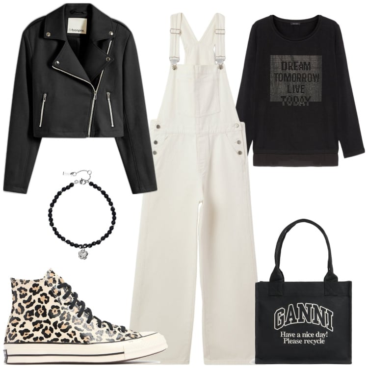 Outfit donna - Total look #2094937. Stile Sporty chic per Tutti i giorni. Abbinamento con blazer, t-shirt, braccialetti, salopette, sneakers, shopping bag.