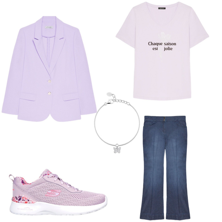 Outfit donna - Total look #2094941. Stile Basic per Tutti i giorni. Abbinamento con braccialetti con ciondoli, t-shirt, blazer, sneakers, jeans.