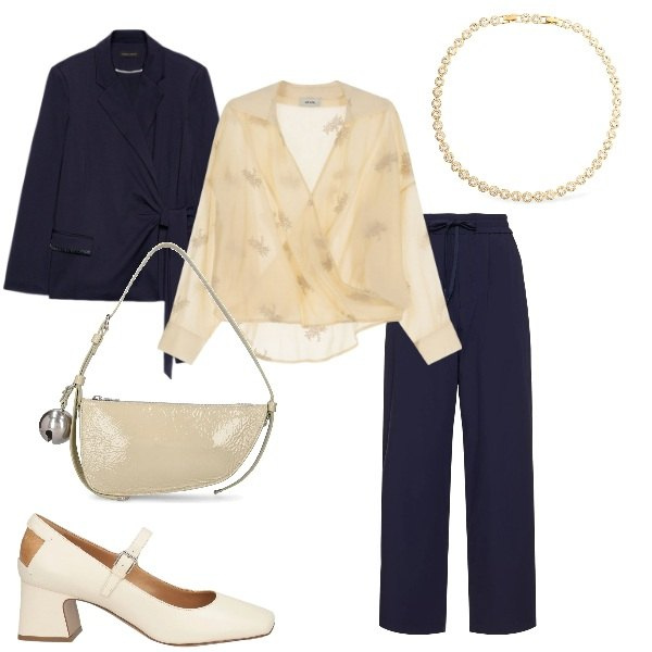Outfit donna - Aspettando la primavera. Stile Casual chic per Serata fuori. Abbinamento con décolleté, bluse, blazer, collane, pantaloni, borse a spalla.
