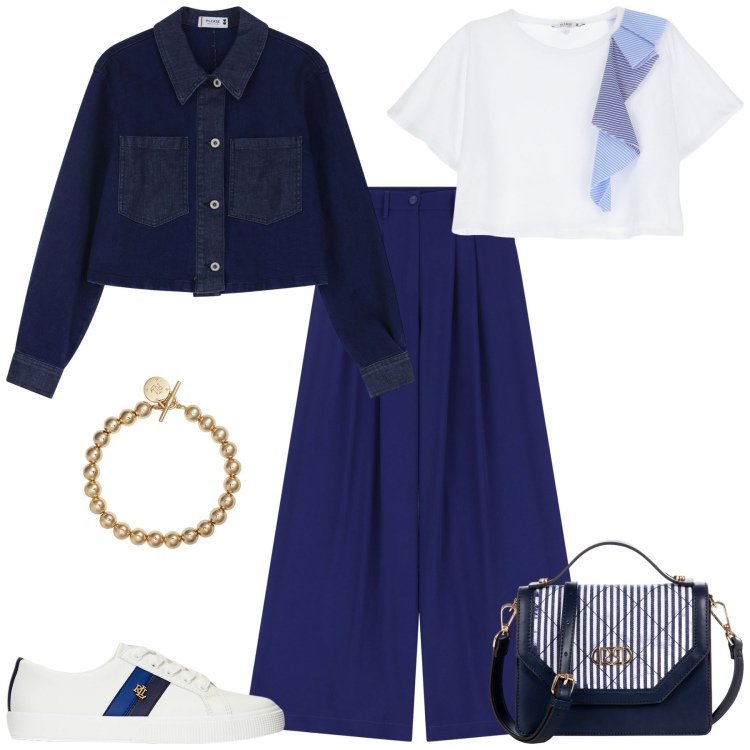 Outfit donna - Week end. Stile Sporty chic per Tutti i giorni. Abbinamento con borse a mano, t-shirt, blazer, pantaloni, sneakers, braccialetti.