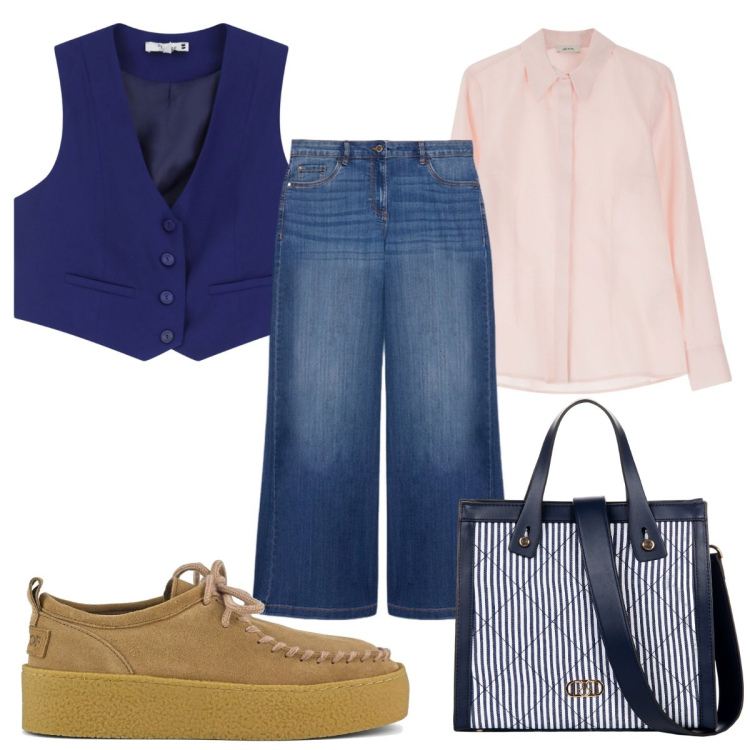 Outfit donna - Total look #2094954. Stile Trendy per Tutti i giorni. Abbinamento con gilet, shopping bag, camicie, mocassini, jeans.