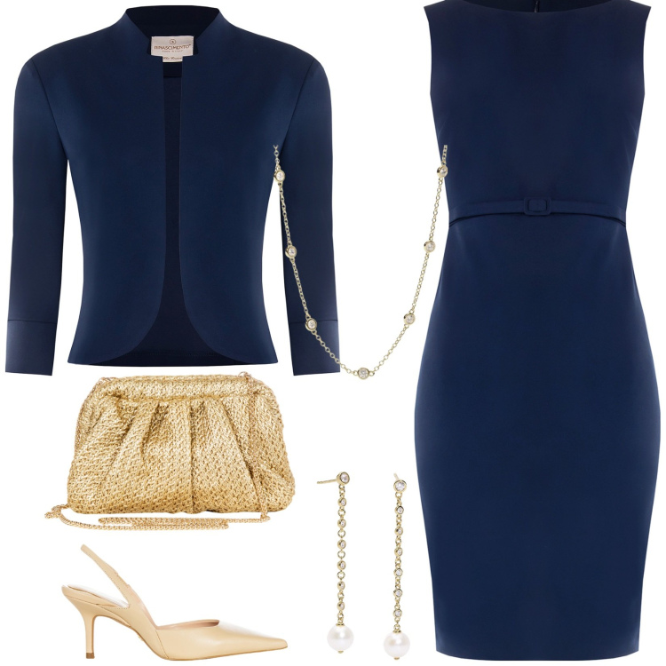 Outfit donna - Tubino blu e bolero. Stile Glamour per Cerimonia. Abbinamento con collane, orecchini, vestiti a tubino, bolero, décolleté, clutch.