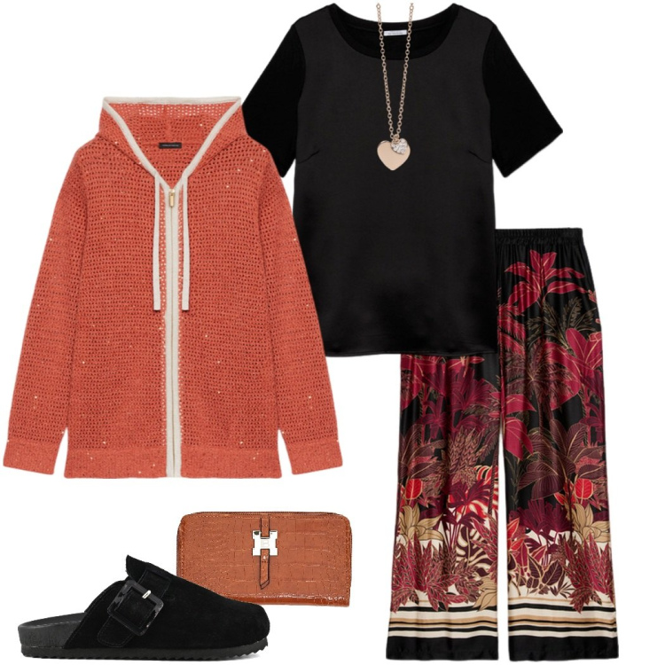 Outfit donna - Casual chic curvy. Stile Casual chic per Tutti i giorni. Abbinamento con ciondoli, cardigans, pantaloni, sabot, t-shirt, portafogli.