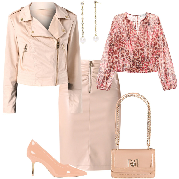 Outfit donna - Chic burro rosa con un tocco animalier. Stile Chic per Tutti i giorni. Abbinamento con orecchini, gonne, décolleté, giacche, borse a tracolla, bluse.