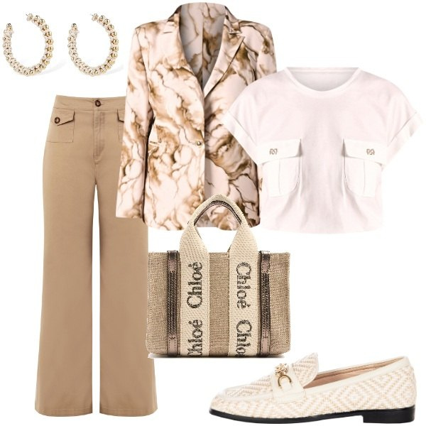 Outfit donna - Aspettando la primavera. Stile Casual chic per Tutti i giorni. Abbinamento con t-shirt, pantaloni, mocassini, blazer, orecchini, borse a mano.