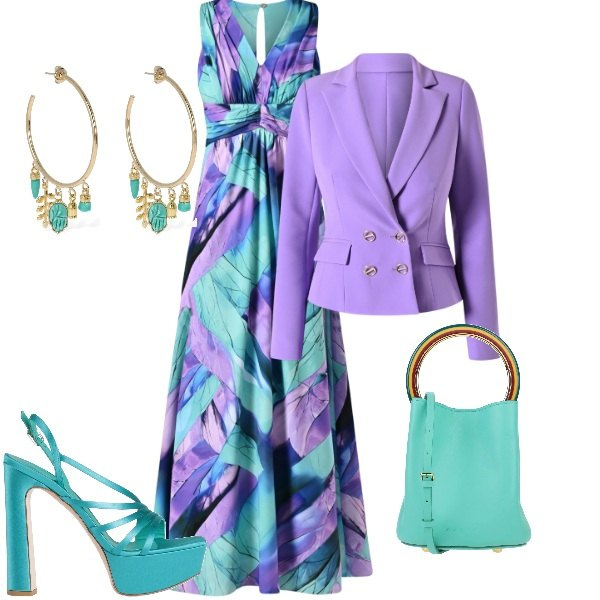 Outfit donna - Matrimonio in vista. Stile Glamour per Cerimonia. Abbinamento con sandali in pelle, borse a mano, vestiti lunghi, blazer, orecchini.