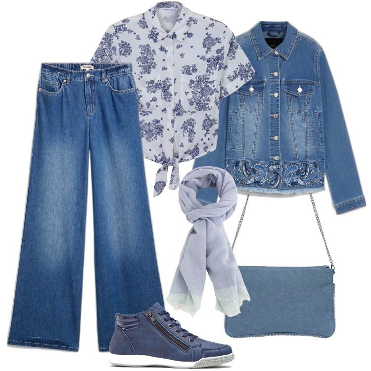 Outfit donna - Denim, ricami e fiorellini. Stile Casual per Tutti i giorni. Abbinamento con jeans, sneakers alte, blazer, borse a tracolla, camicie, portafogli.