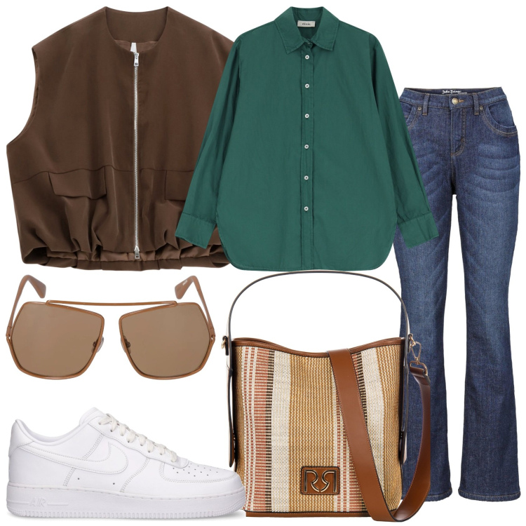 Outfit donna - La camicia verde. Stile Casual per Tutti i giorni. Abbinamento con jeans bootcut, camicie, borse a secchiello, blazer, occhiali da sole, sneakers.