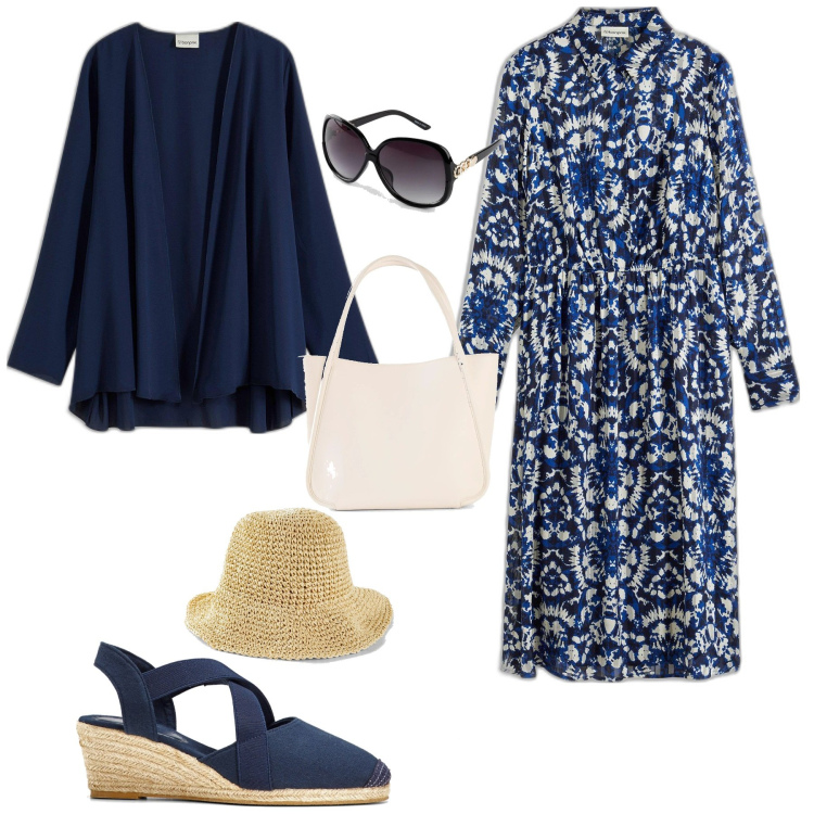 Outfit donna - Week end al mare. Stile Boho per Mare. Abbinamento con sandali col tacco, cappelli, occhiali da sole, vestiti midi/longuette, blazer, shopping bag.