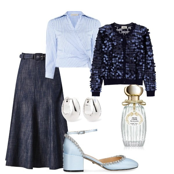 Outfit donna - Cerimonia tra intimi. Stile Glamour per Serata fuori. Abbinamento con profumi, cardigans, gonne longuette, camicie, orecchini, décolleté.