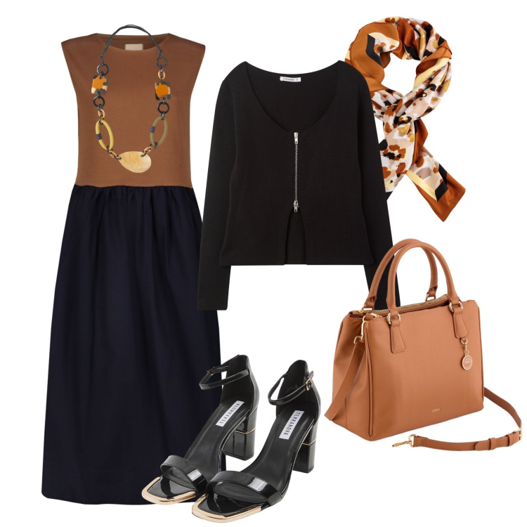 Outfit donna - Ufficio alternativo. Stile Vintage retrò per Ufficio. Abbinamento con cardigans, sabot, vestiti midi/longuette, collane, borse a mano, foulard.