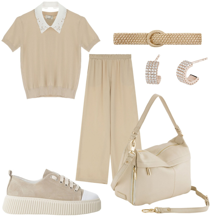 Outfit donna - Il colore chiaro. Stile Glamour per Tutti i giorni. Abbinamento con cinture, orecchini, sneakers, pantaloni a palazzo, maglieria, borse a tracolla.