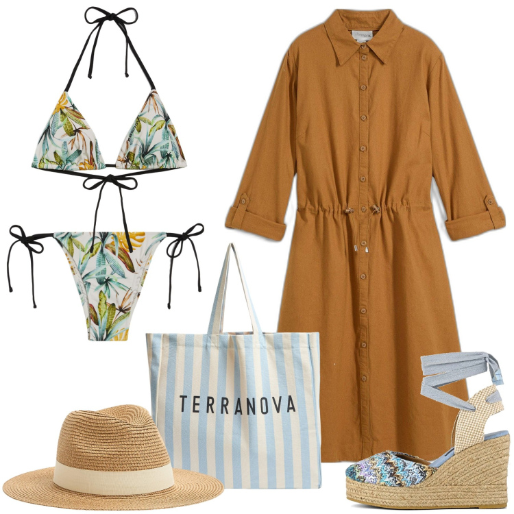 Outfit donna - Verso una località Esotica. Stile Casual per Mare. Abbinamento con vestiti chemisier, cappelli, borse tote, bikini, bikini, sandali col tacco.