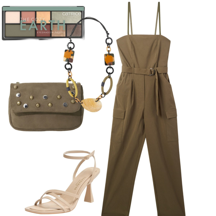 Outfit donna - La tuta cargo. Stile Casual per Tutti i giorni. Abbinamento con ombretti, tute, sandali col tacco, borse a tracolla, collane.