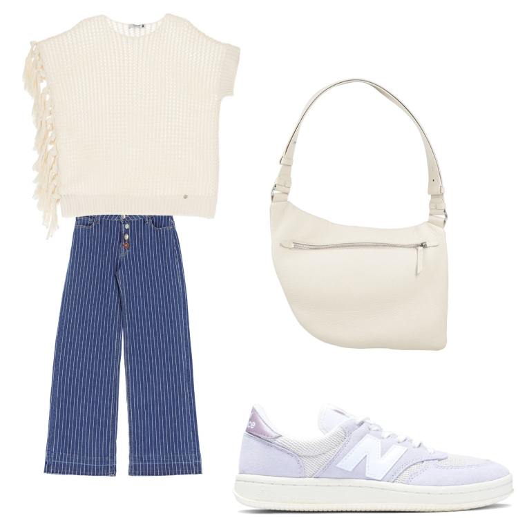 Outfit donna - Aperitivo. Stile Trendy per Tutti i giorni. Abbinamento con borse a tracolla, sneakers, jeans, maglieria.