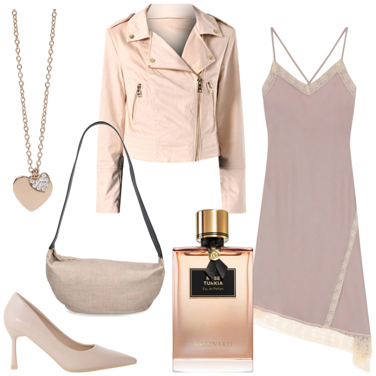 Outfit donna - Rock and chic. Stile Chic per Serata fuori. Abbinamento con profumi, ciondoli, giacche, décolleté, vestiti asimmetrici, borse a spalla.