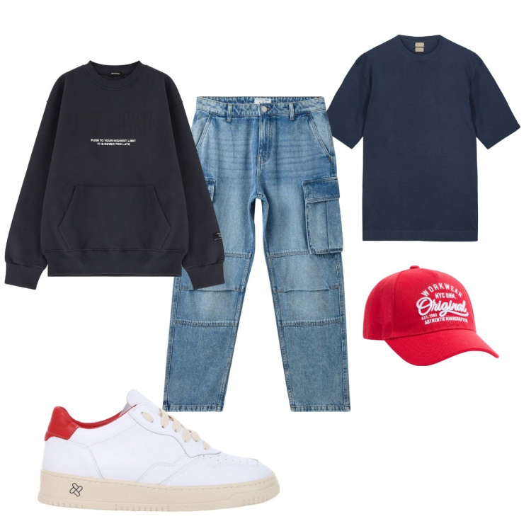 Outfit uomo - Total look #2094998. Stile Casual per Tutti i giorni. Abbinamento con cappelli, jeans, sneakers, felpe, t-shirt.