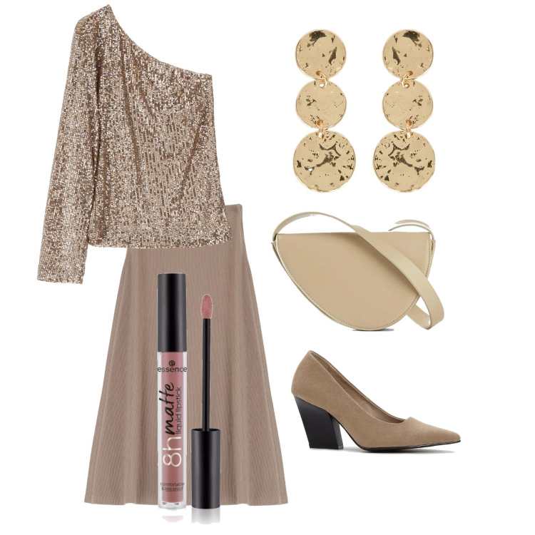 Outfit donna - Cerimonia glamour. Stile Glamour per Cerimonia. Abbinamento con décolleté, borse a tracolla, rossetti, gonne lunghe, top, orecchini.