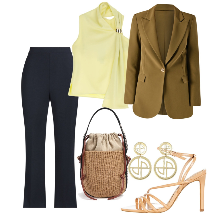 Outfit donna - Cerimonia. Stile Chic per Cerimonia. Abbinamento con pantaloni, blazer, sandali col tacco, top, borse a mano, orecchini.