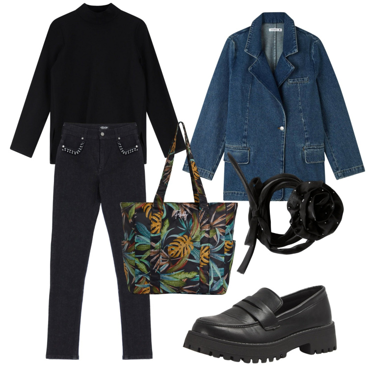 Outfit donna - Aderenti. Stile Trendy per Tutti i giorni. Abbinamento con blazer, collane, mocassini, maglieria, shopping bag, jeans.