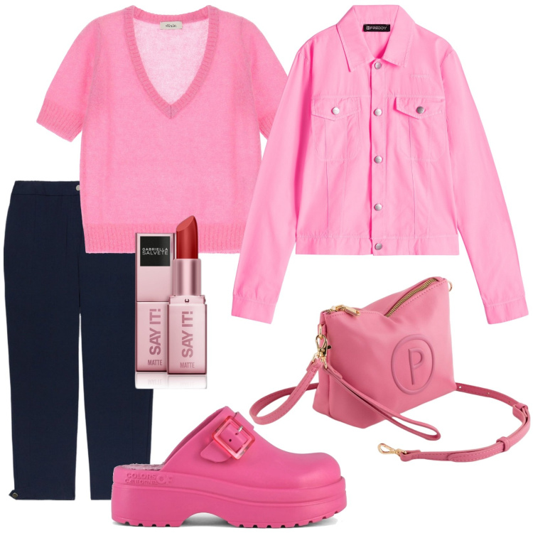 Outfit donna - I love Pink. Stile Trendy per Tutti i giorni. Abbinamento con rossetti, blazer, maglieria, sandali, valigie, pantaloni.