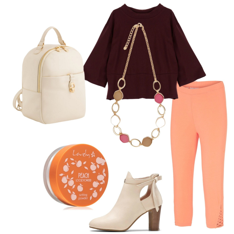 Outfit donna - Total look #2095014. Stile Casual chic per Ufficio. Abbinamento con stivaletti, leggings, ciprie, felpe con cappuccio, collane, zaini.