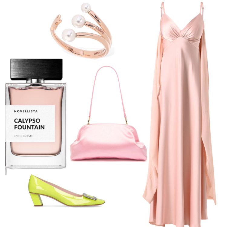 Outfit donna - Calypso. Stile Chic per Serata fuori. Abbinamento con profumi, vestiti lunghi, anelli, borse a spalla, décolleté.