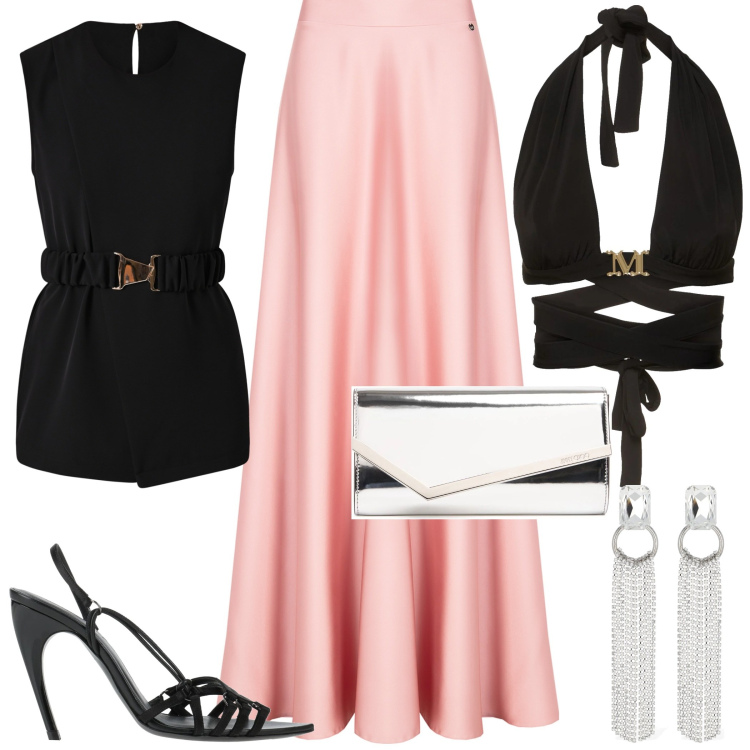 Outfit donna - Cocktail estivo. Stile Glamour per Serata fuori. look ideale per Petite. Abbinamento con sandali col tacco, bluse, gonne, pochette, top, orecchini.