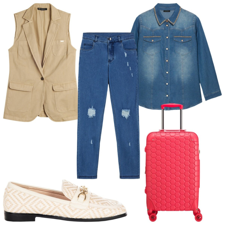 Outfit donna - Total look #2095025. Stile Trendy per Tutti i giorni. Abbinamento con mocassini, jeans skinny, gilet, camicie, valigie.