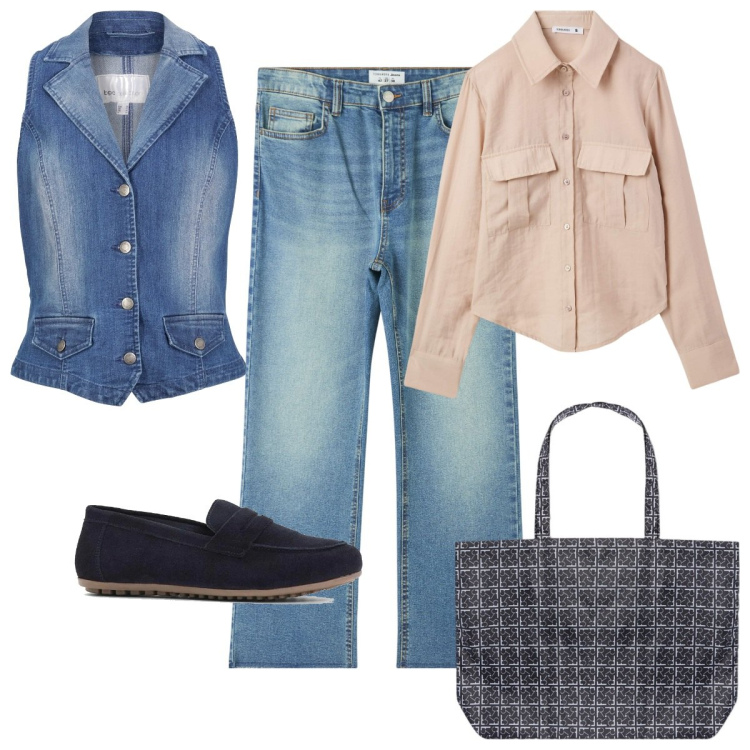 Outfit donna - Total look #2095027. Stile Trendy per Tutti i giorni. Abbinamento con mocassini, gilet, jeans, camicie, shopping bag.