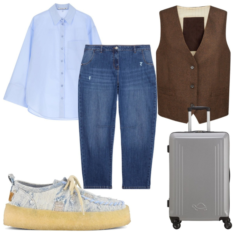 Outfit donna - Total look #2095028. Stile Trendy per Tutti i giorni. Abbinamento con camicie, mocassini, jeans strappati, gilet, valigie.