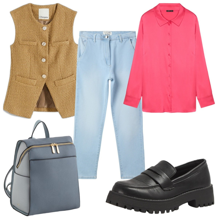 Outfit donna - Total look #2095030. Stile Trendy per Tutti i giorni. Abbinamento con gilet, jeans skinny, mocassini, camicie, zaini.