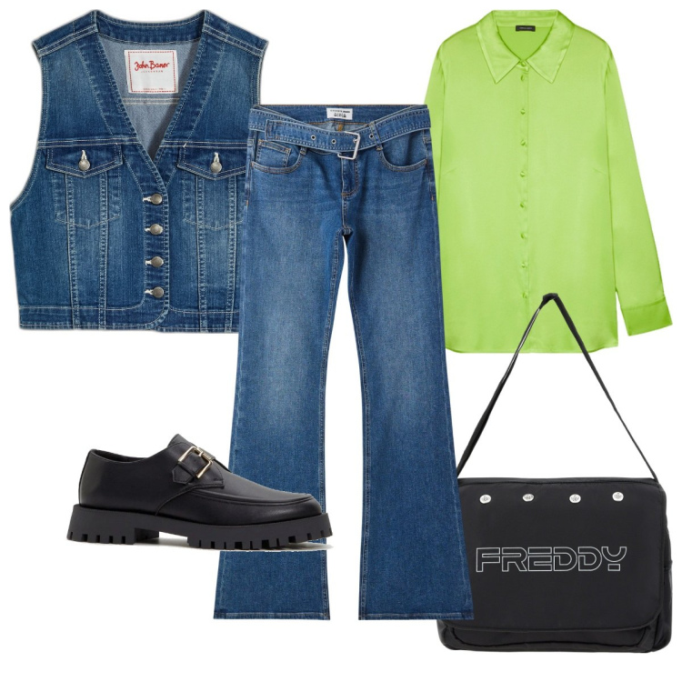 Outfit donna - Total look #2095031. Stile Trendy per Tutti i giorni. Abbinamento con gilet, mocassini, jeans a zampa, borse messenger, camicie.