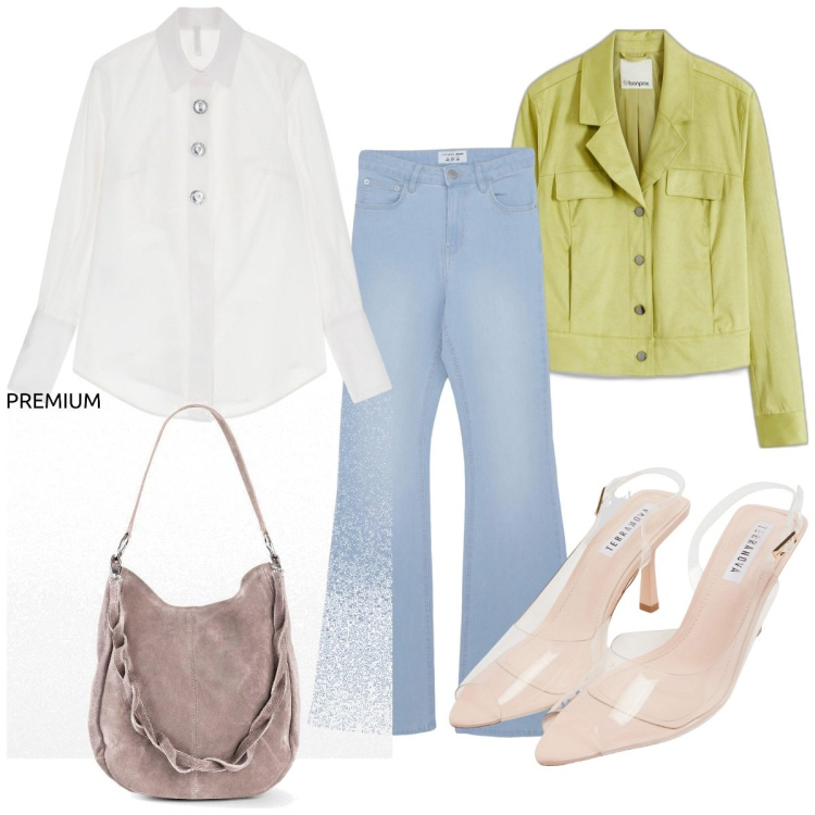 Outfit donna - Total look #2095034. Stile Trendy per Tutti i giorni. Abbinamento con borse a mano, blazer, sandali col tacco, jeans a zampa, camicie.