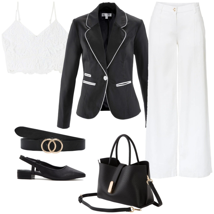 Outfit donna - Blazer e pantaloni palazzo. Stile Casual chic per Tutti i giorni. Abbinamento con pantaloni a palazzo, décolleté, blazer, top, cinture, borse a mano.
