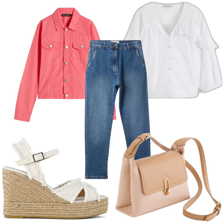 Outfit donna - Total look #2095038. Stile Trendy per Tutti i giorni. Abbinamento con bluse, jeans skinny, blazer, sandali col tacco, borse a tracolla.
