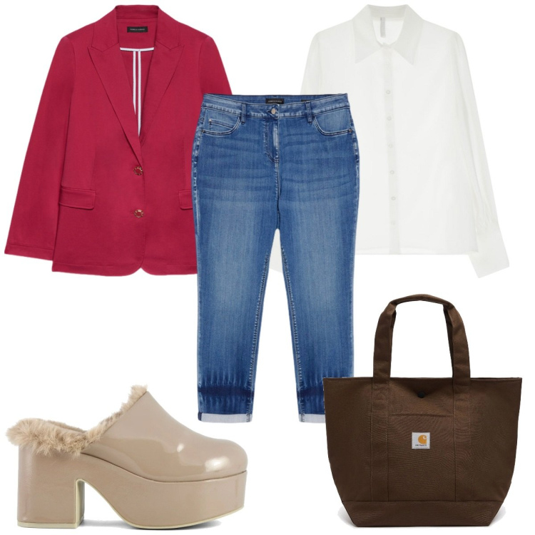 Outfit donna - Total look #2095039. Stile Trendy per Tutti i giorni. Abbinamento con camicie, blazer, sabot, jeans, borse tote.