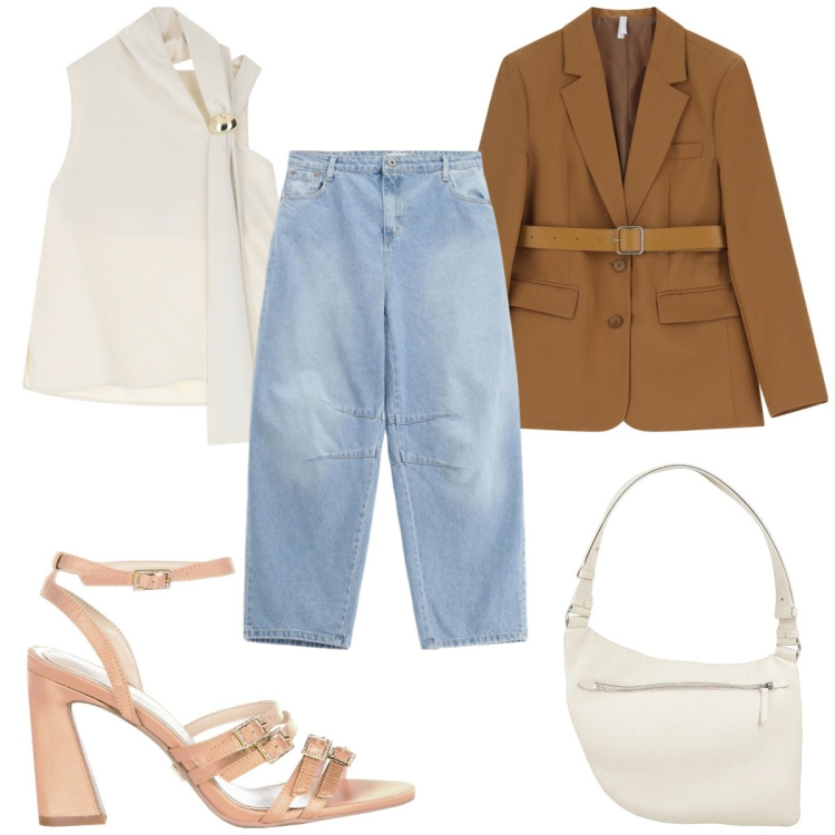 Outfit donna - Total look #2095040. Stile Trendy per Tutti i giorni. Abbinamento con borse a tracolla, blazer, top, sandali col tacco, jeans.
