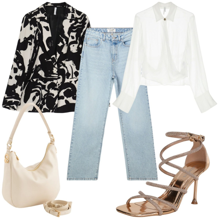 Outfit donna - Total look #2095041. Stile Trendy per Tutti i giorni. Abbinamento con sandali col tacco, jeans dritti, camicie, blazer, borse a tracolla.