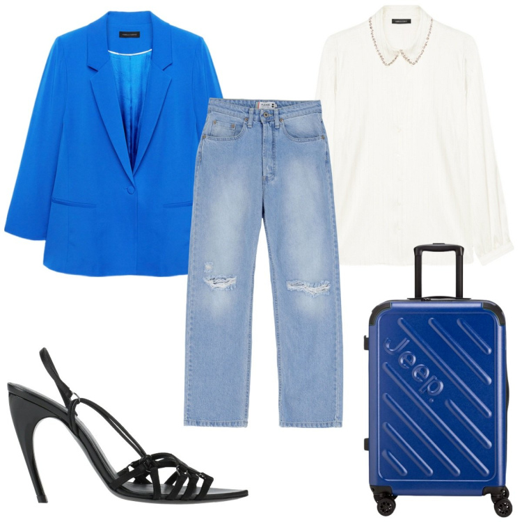 Outfit donna - Total look #2095042. Stile Trendy per Tutti i giorni. Abbinamento con sandali col tacco, jeans strappati, camicie, blazer, valigie.